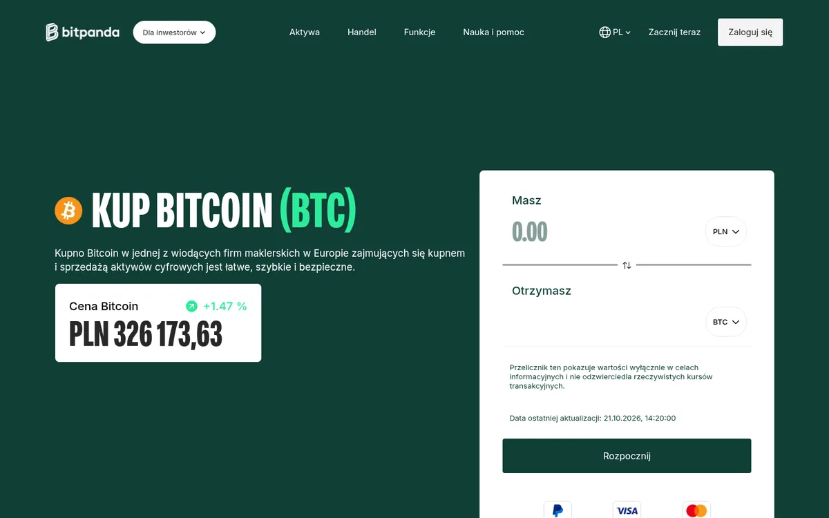 Strona zakupu bitcoina w Bitpanda – zakup kryptowaluty w serwisie Bitpanda