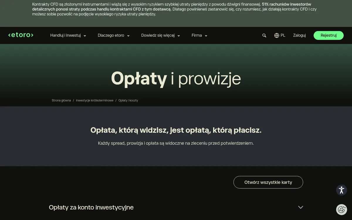 Strona opłat eToro – zakup kryptowaluty w serwisie eToro