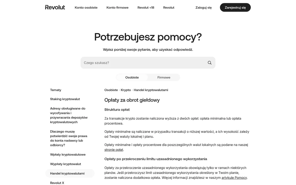 Strona pomocy Revolut o opłatach za kryptowaluty – zakup kryptowaluty w serwisie Revolut